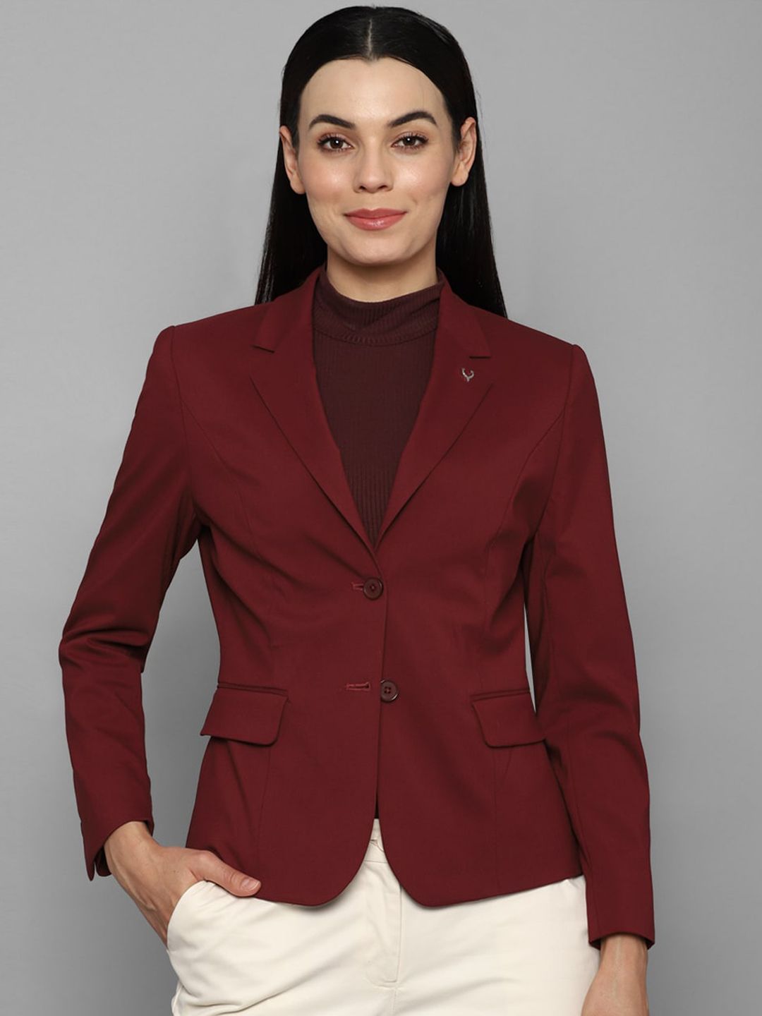 Allen Solly Woman  Maroon Solid Single-Breasted Formal Blazer Price in India