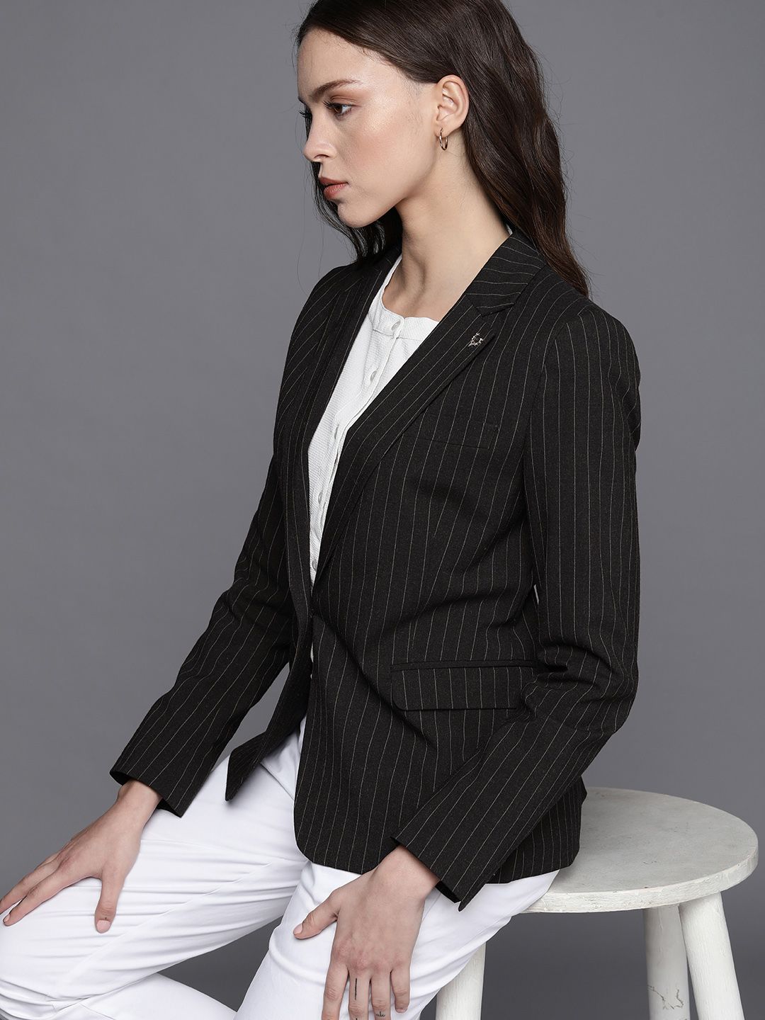 Allen Solly Woman Black & White Striped Single-Breasted Formal Blazers Price in India