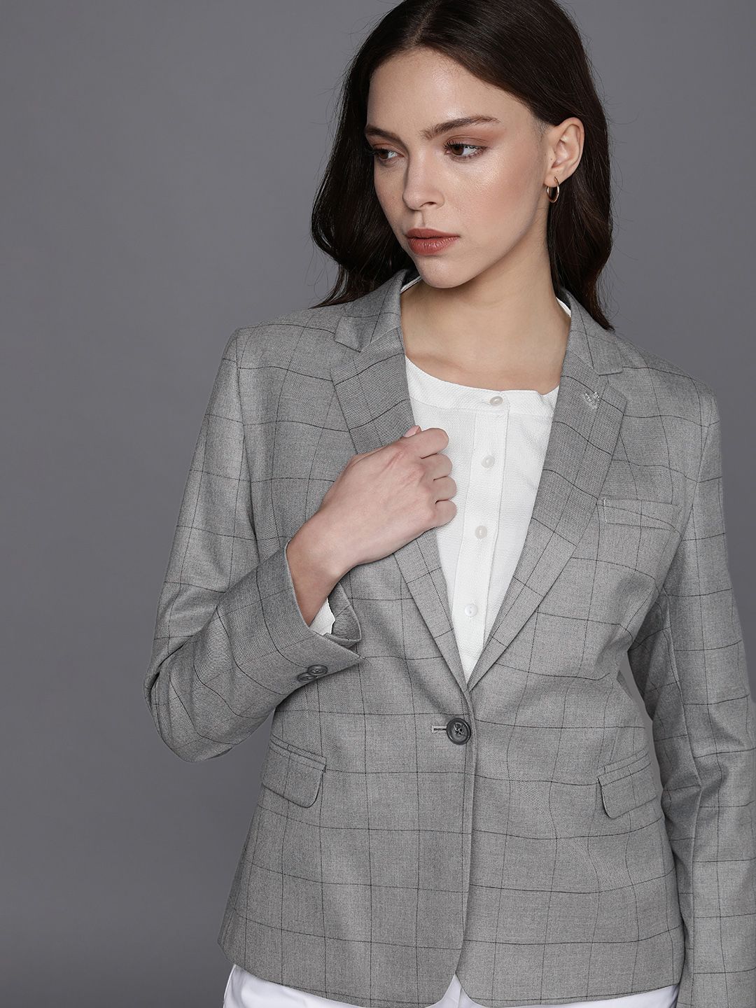 Allen Solly Woman Women Grey Checked Slim-Fit Single-Breasted Blazer Price in India