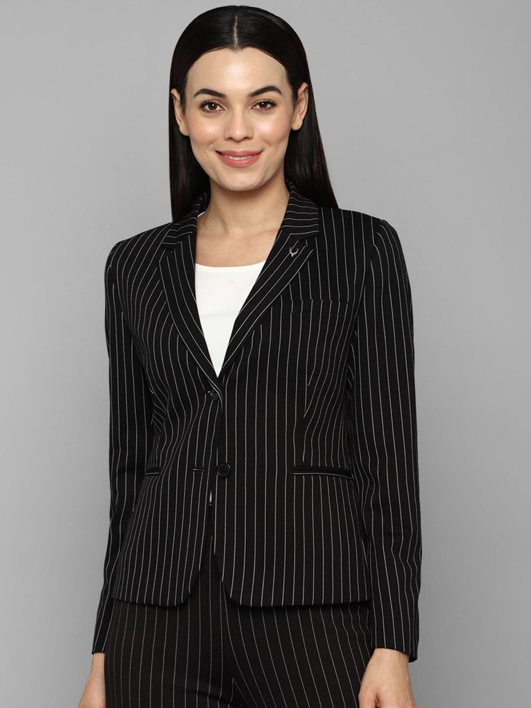 Allen Solly Woman Black & White Striped Slim-Fit Single-Breasted Blazer Price in India