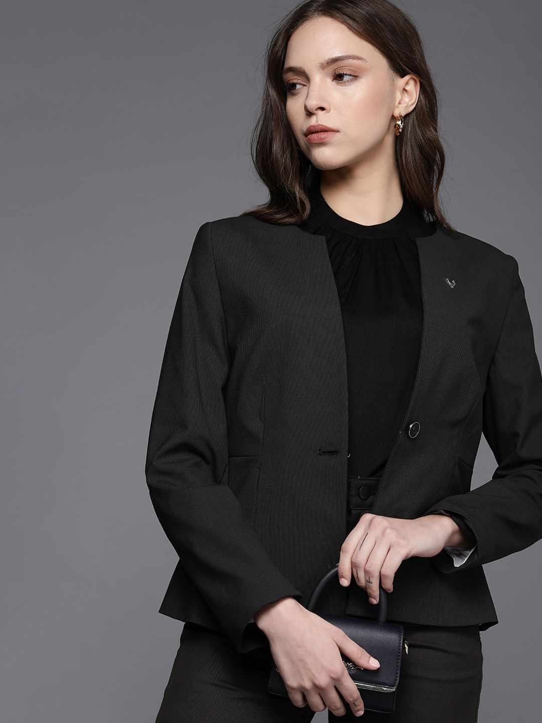 Allen Solly Woman Black Solid Single Breasted Blazers Price in India