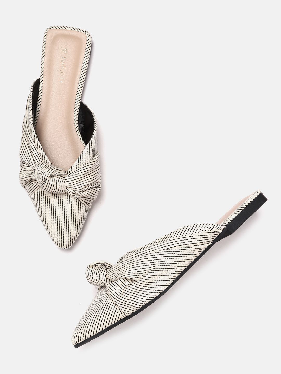 Van Heusen Woman White & Black Striped Mules with Knot Detail Price in India