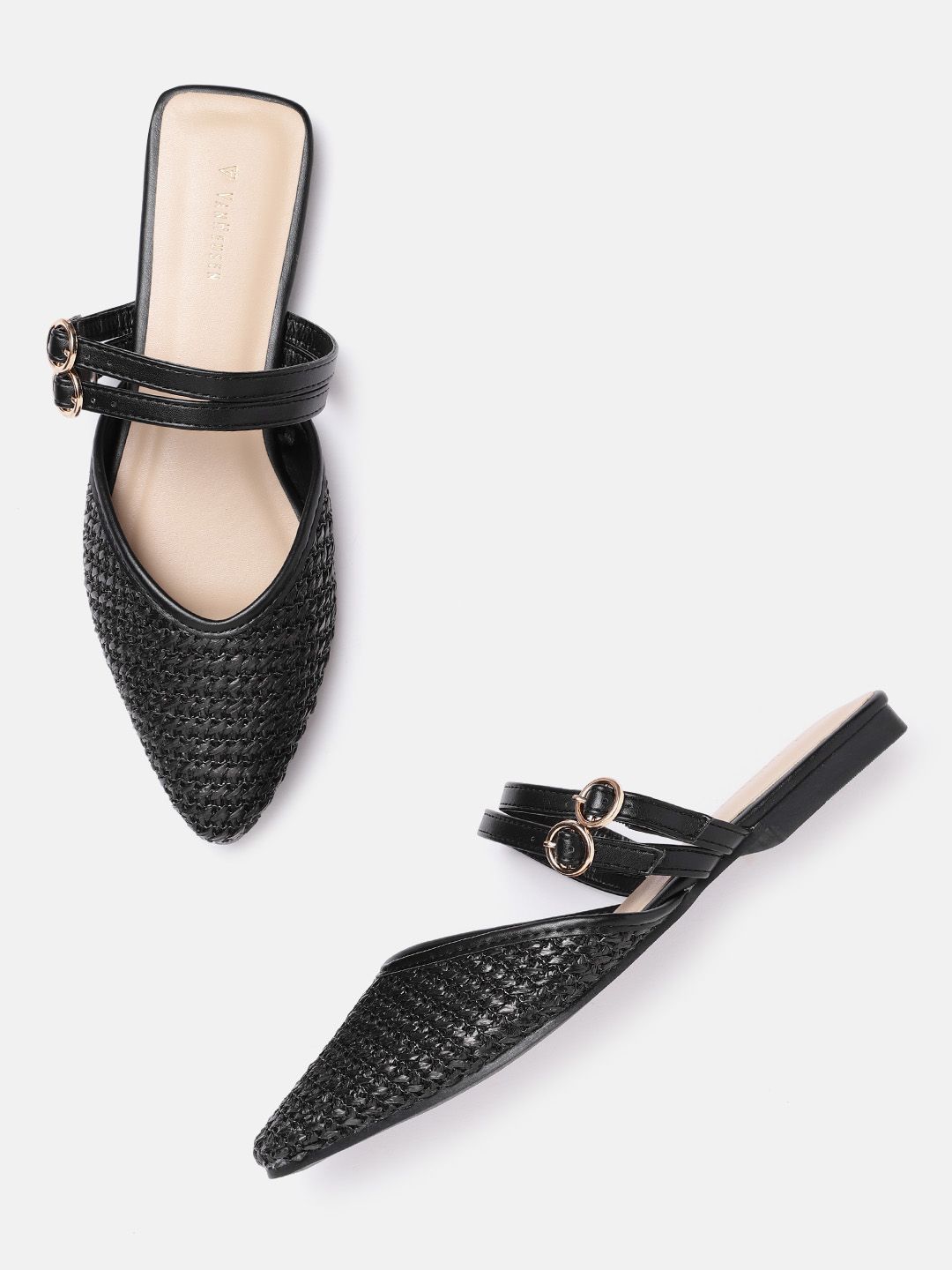 Van Heusen Woman Black Woven Design Mules with Buckle Detail Price in India
