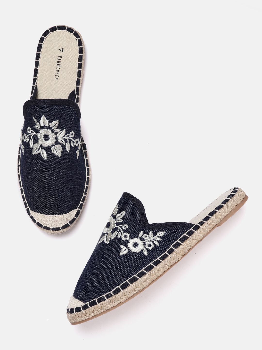 Van Heusen Woman Navy Blue & White Embroidered Espadrille Mules Price in India