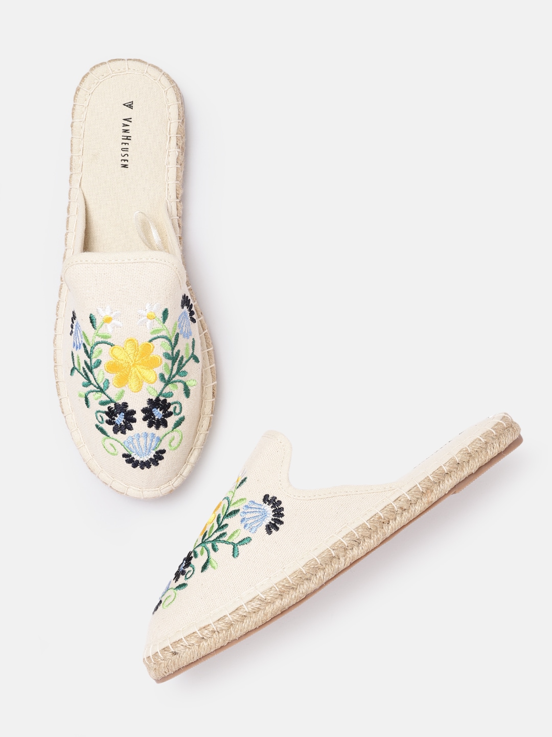 Van Heusen Woman Off White & Green Embroidered Mules Price in India