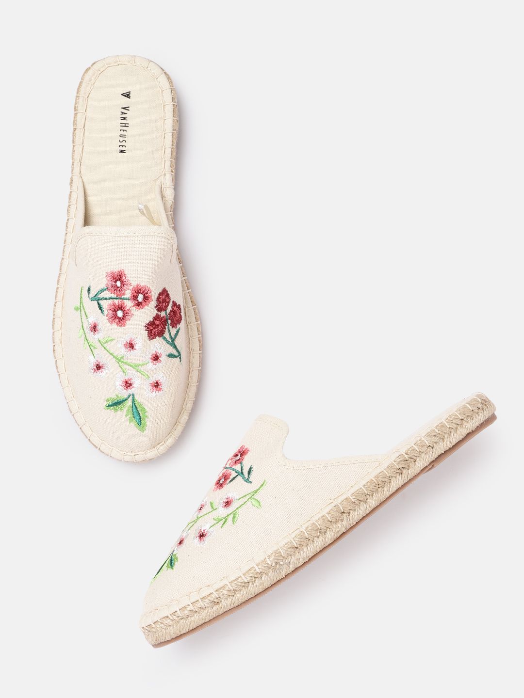 Van Heusen Woman Off White & Pink Embroidered Mules Price in India