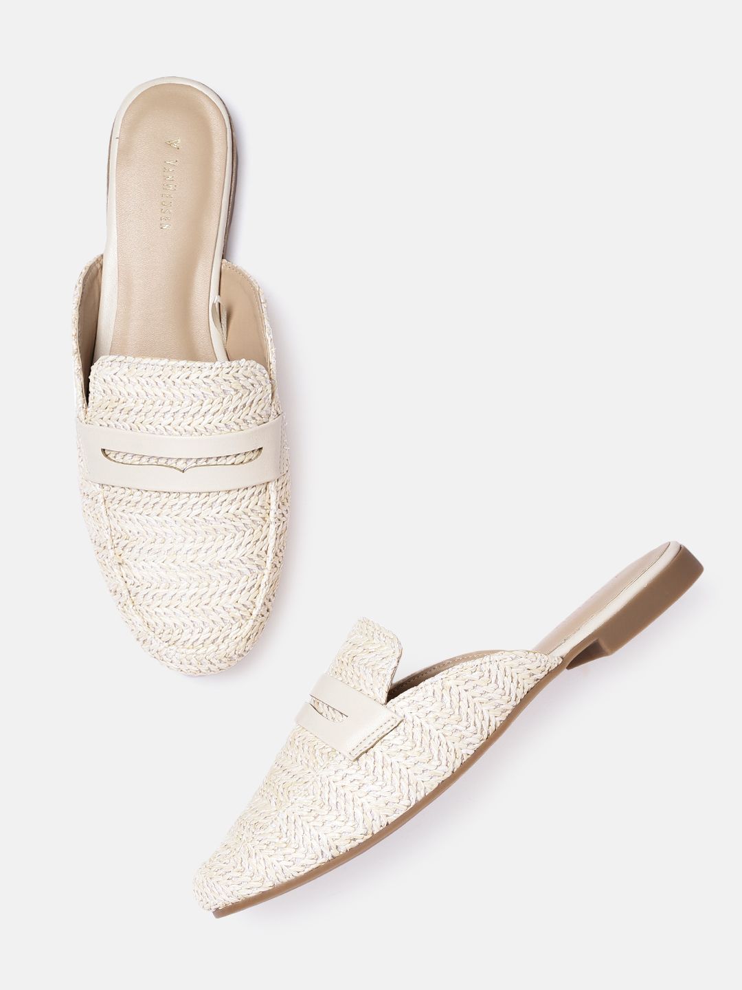 Van Heusen Woman Off White Woven Design Mules Price in India