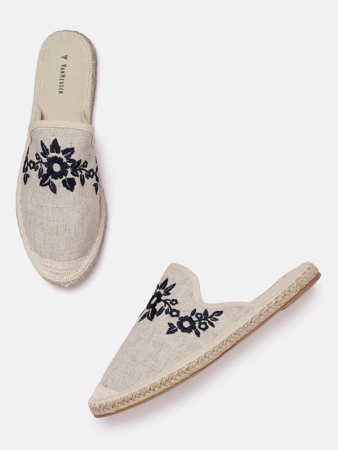 Van Heusen Woman Beige & Navy Floral Embroidered Espadrilles Mules Price in India