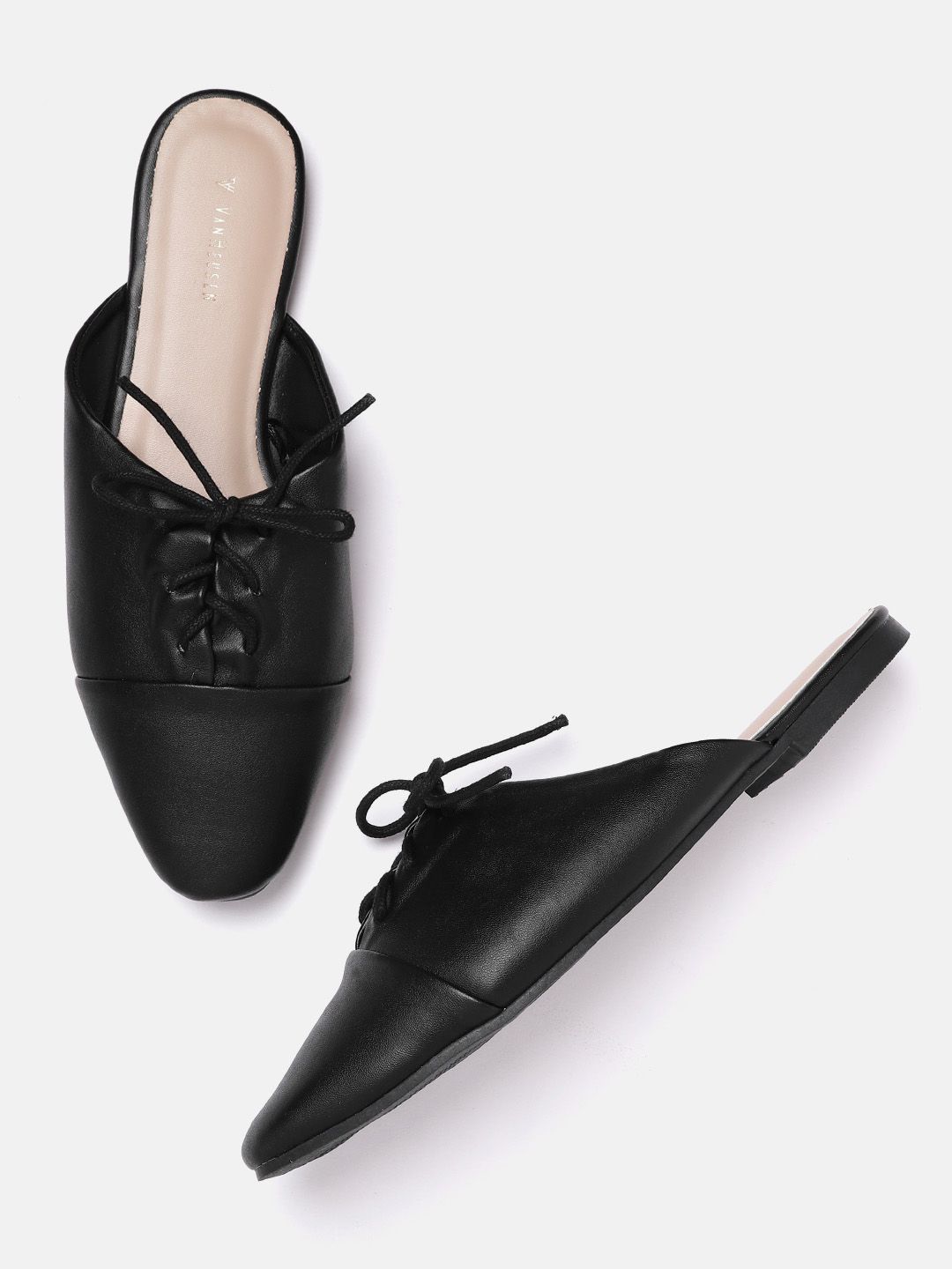 Van Heusen Woman Black Solid Mules with Lace-Up Detail Price in India
