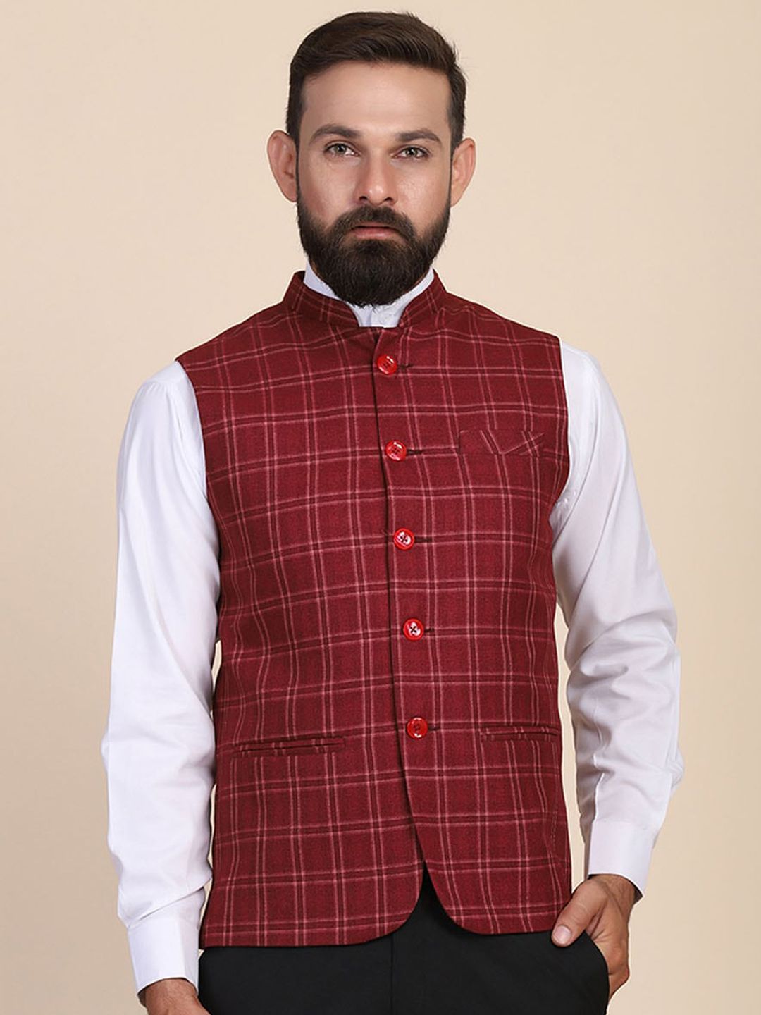 TAHVO Men Maroon Checked Nehru Jackets