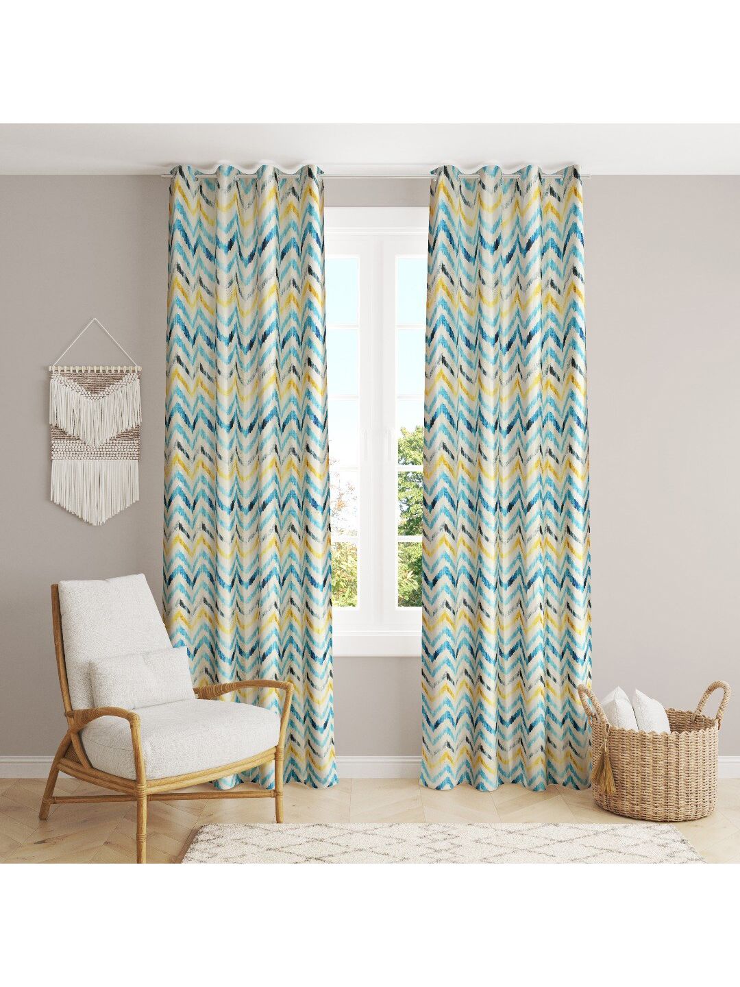 MULTITEX Blue & White Set of 2 Geometric Long Door Curtain Price in India