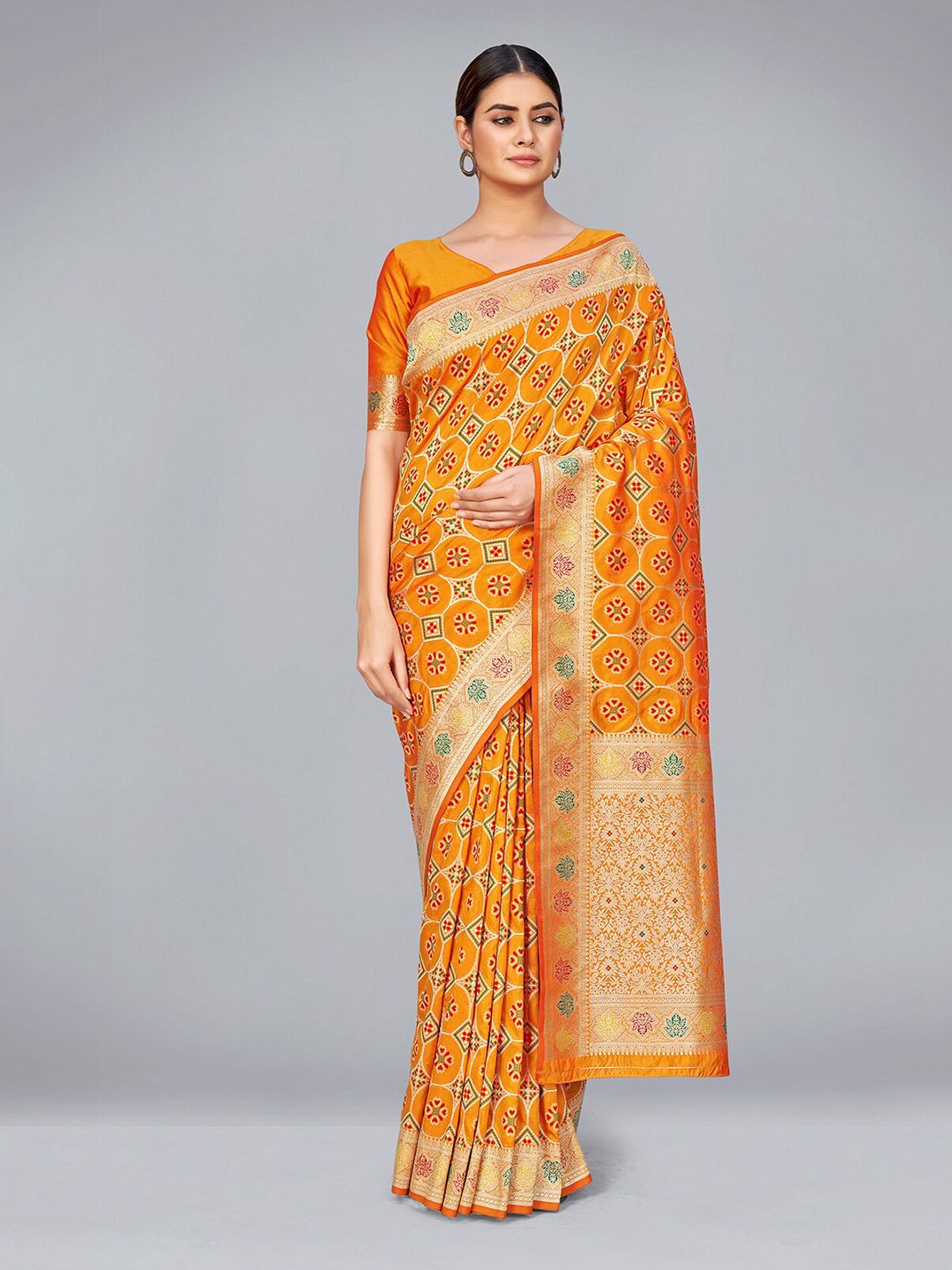 MONJOLIKA FASHION Orange & Red Bandhani Zari Silk Blend Banarasi Saree