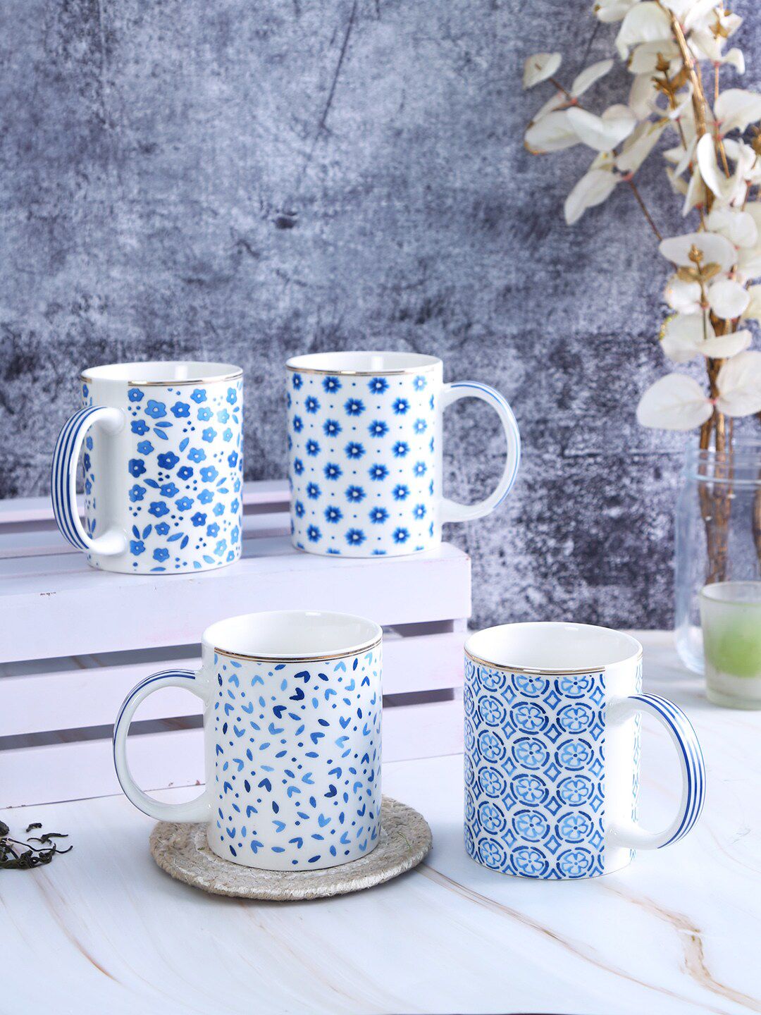 House Of Accessories Blue & White Floral Printed Ceramic Glossy Mugs Set of Cups and Mugs Price in India