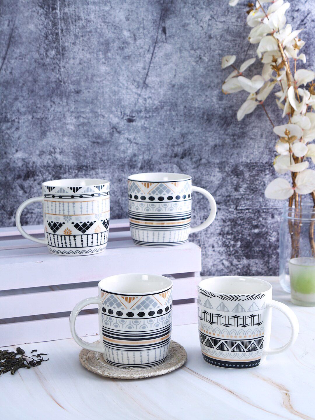 House Of Accessories Black & White Geometric Printed Ceramic Glossy Mugs Set of Cups and Mugs Price in India