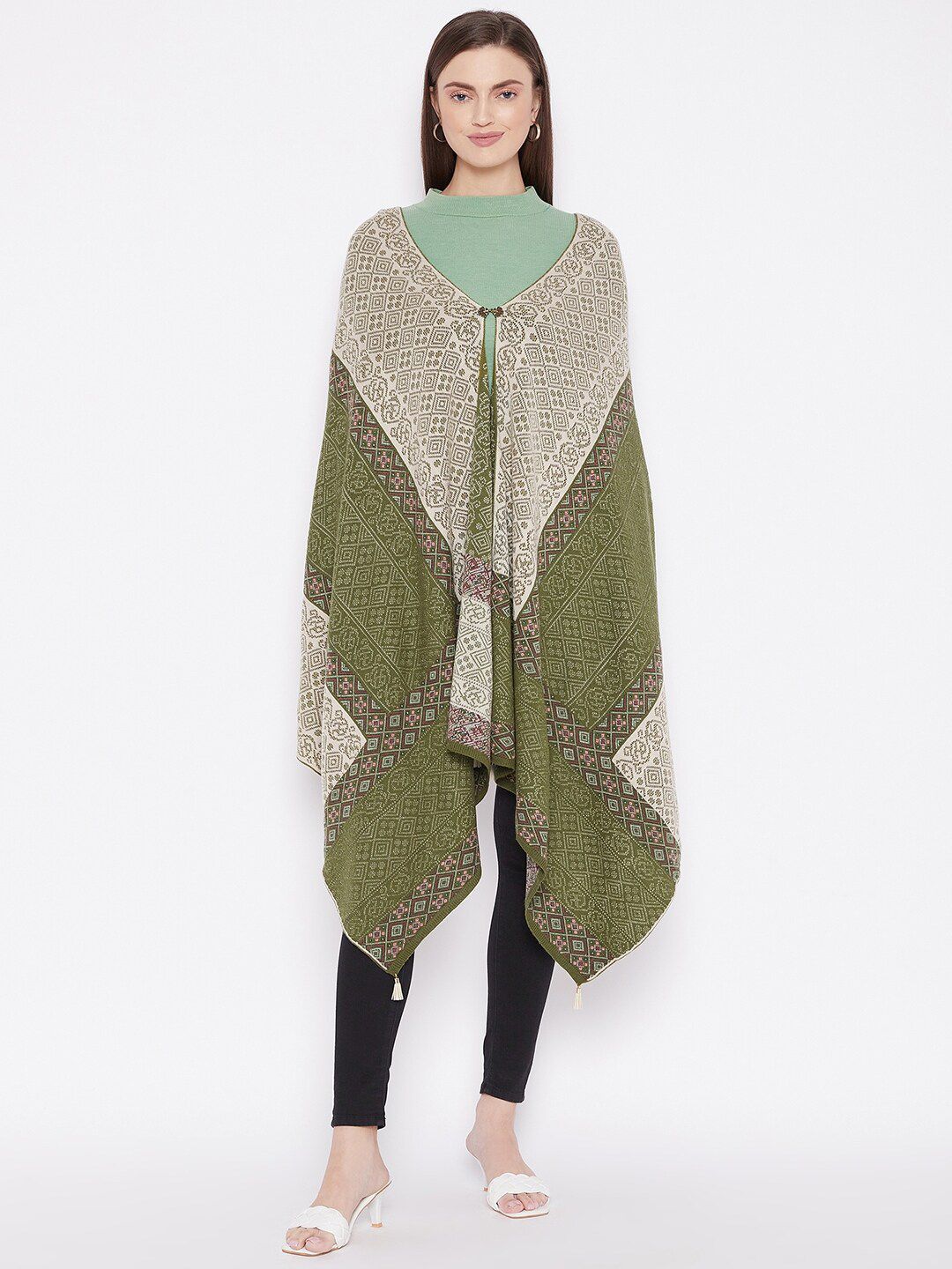 Knitstudio Women Olive-Green & Off-White Woven-Design Shawl Price in India