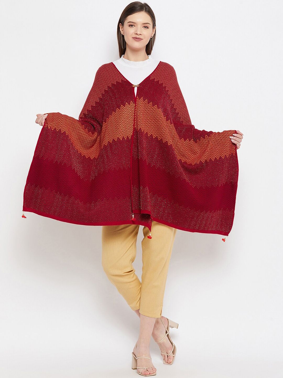 Knitstudio Women Red Striped Woven-Design Shawl Price in India