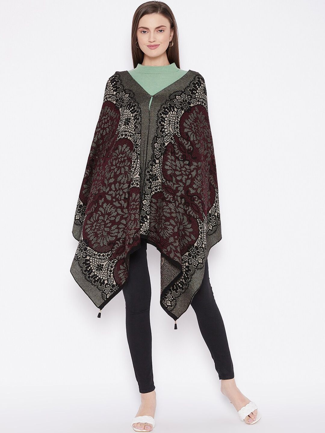 Knitstudio Women Maroon & Black Woven-Design Shawl Price in India