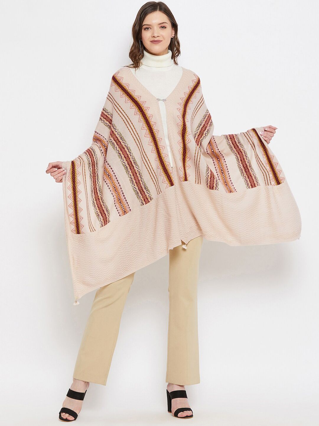 Knitstudio Women Beige Woven-Design Shawl Price in India