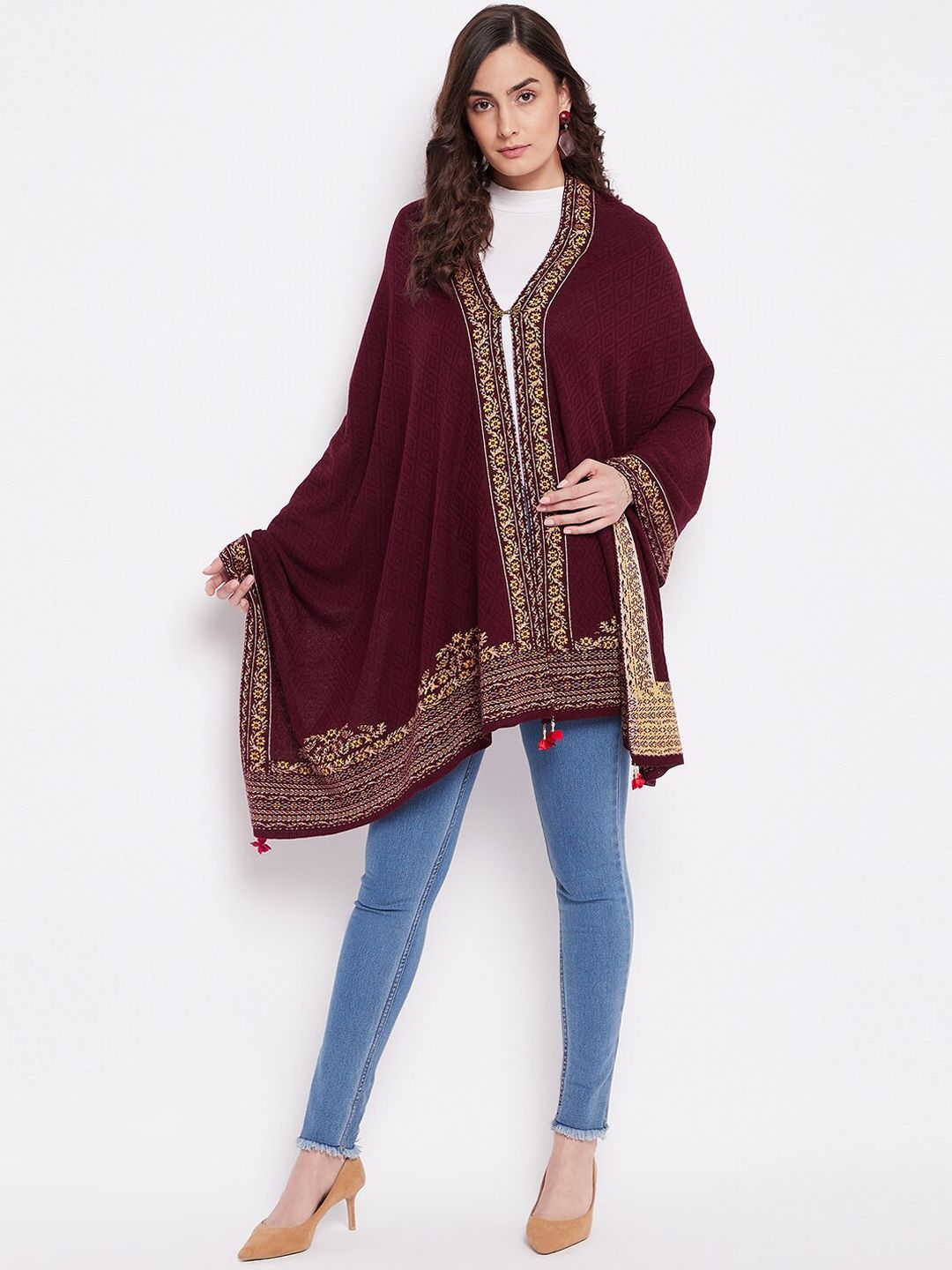 Knitstudio Women Maroon & Yellow Woven-Design Shawl Price in India