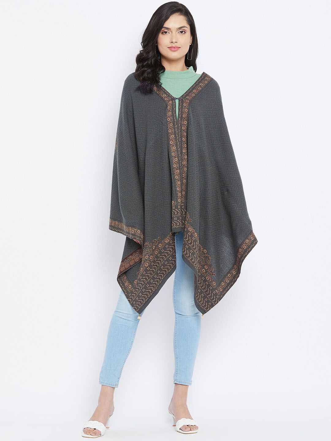 Knitstudio Women Grey & Beige Printed Woven Design Shawl Price in India
