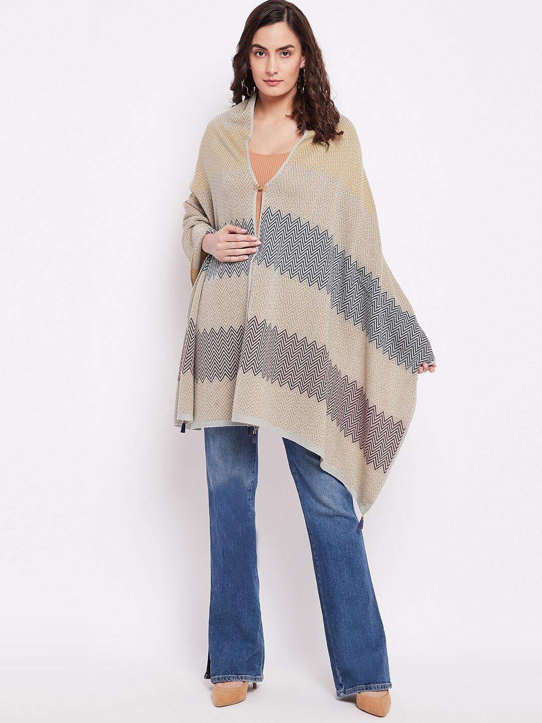 Knitstudio Women Beige Woven-Design Wool Shawl Price in India