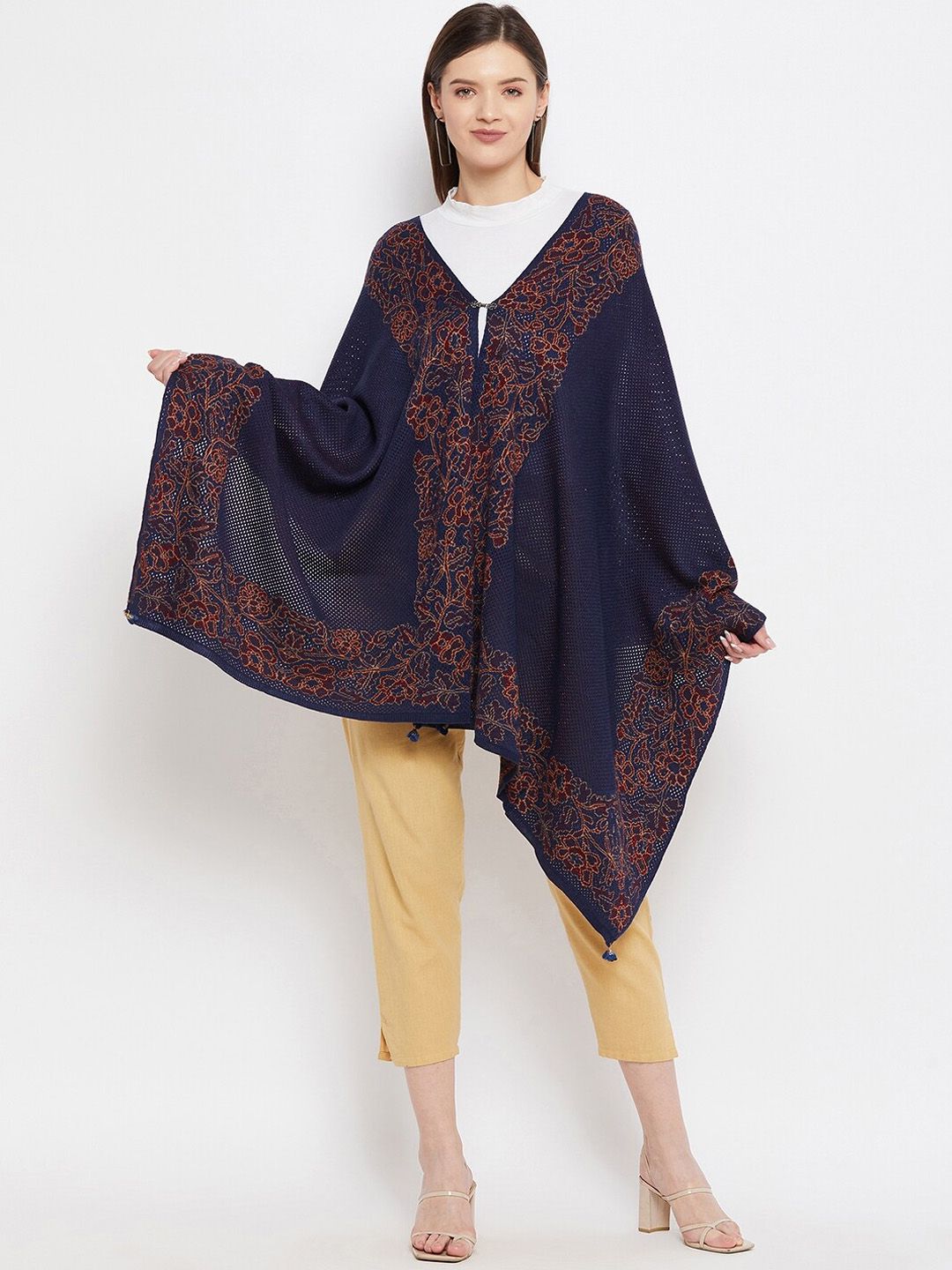 Knitstudio Women Navy Blue Woven-Design Shawl Price in India