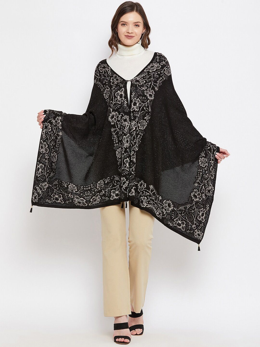 Knitstudio Women Black & White Woven Design Printed Shawl Price in India