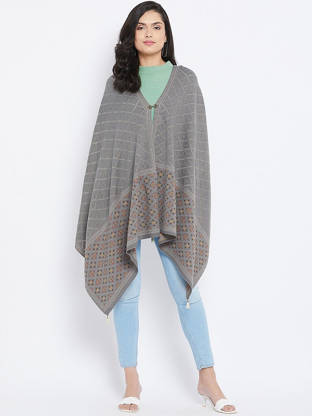 Knitstudio Women Grey Woven-Design Shawl Price in India