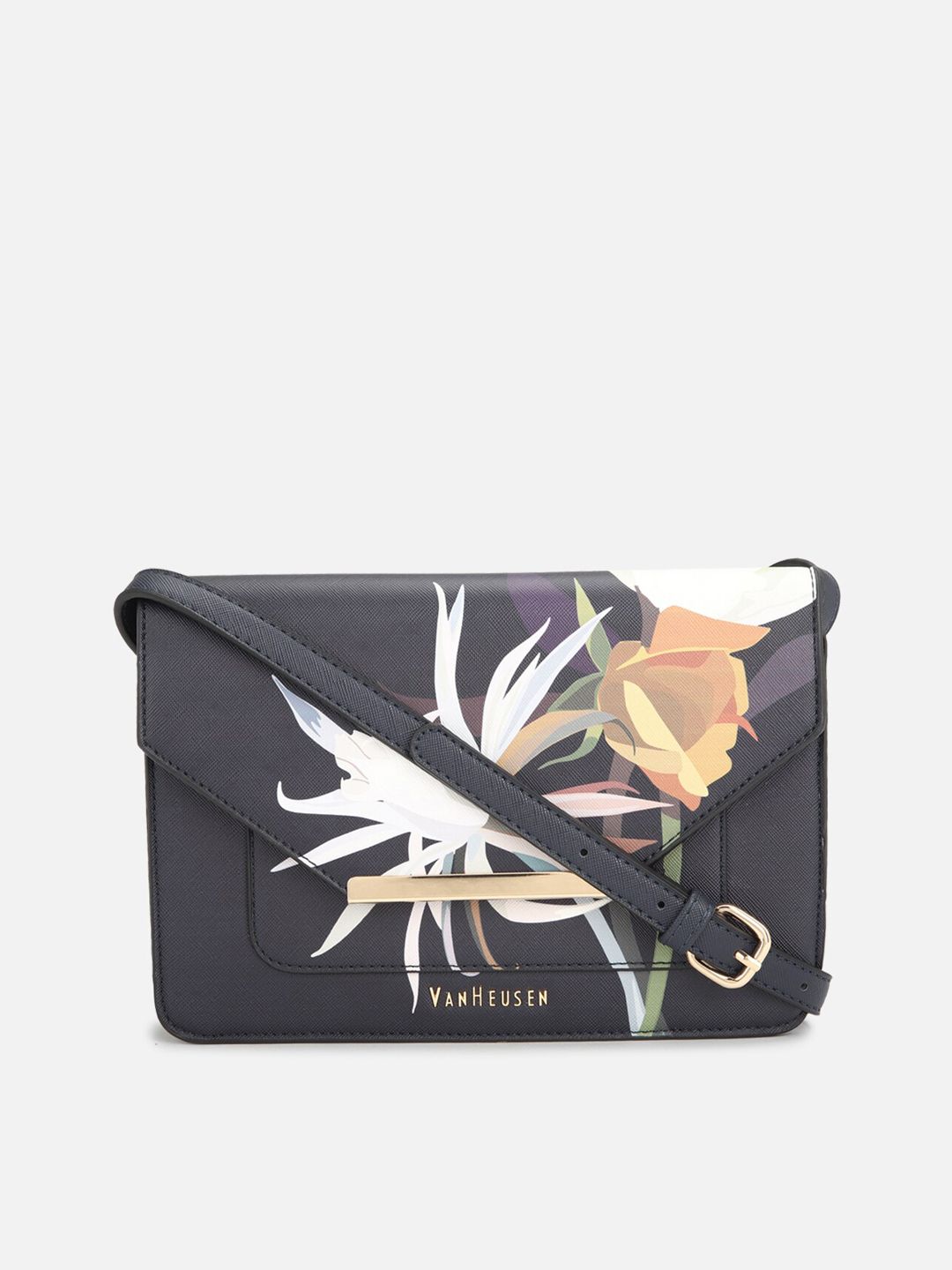 Van Heusen Woman Black Floral PU Structured Sling Bag with Applique Price in India