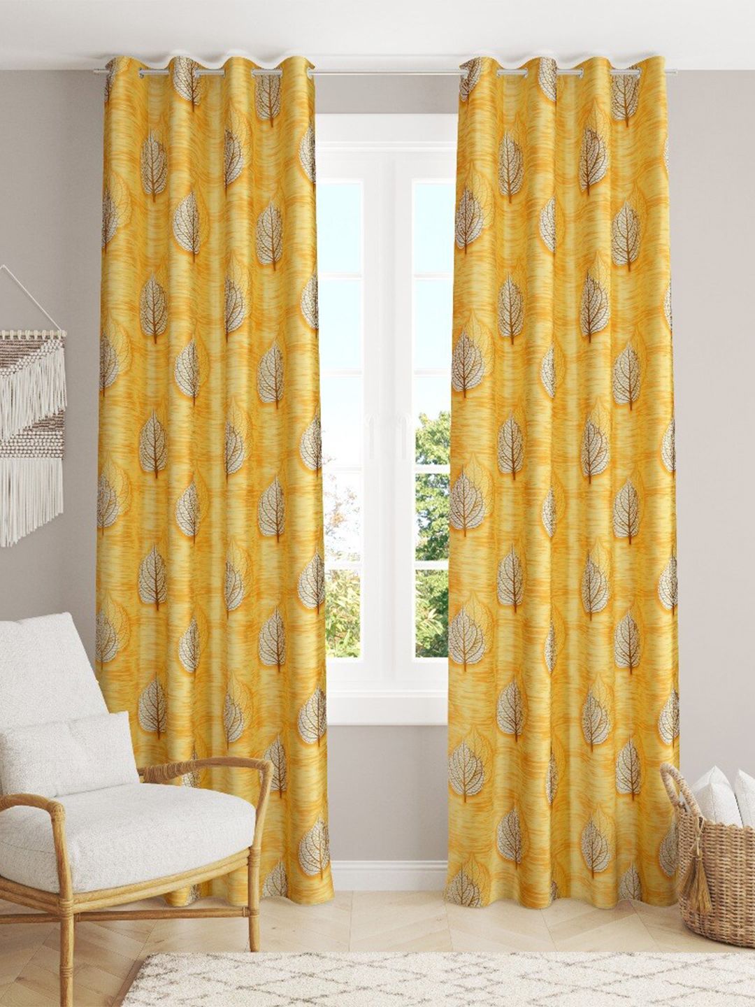 MULTITEX Yellow & Brown Set of 2 Floral Door Curtain Price in India