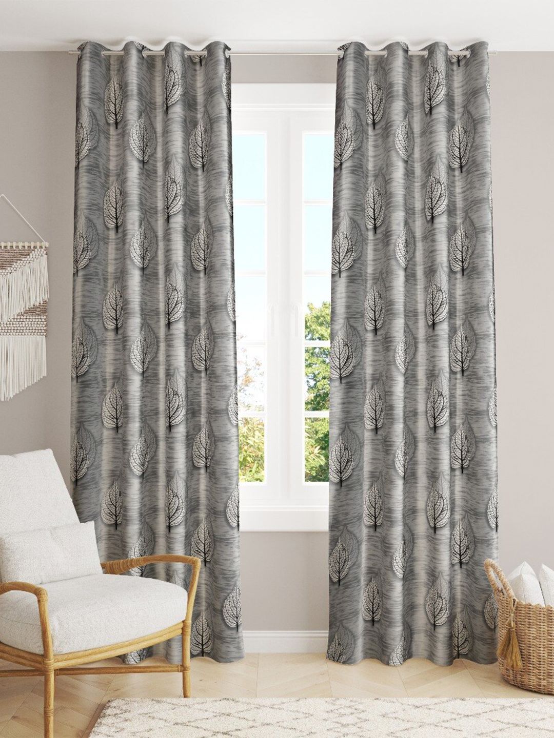 MULTITEX Grey & White Set of 2 Floral Long Door Curtain Price in India