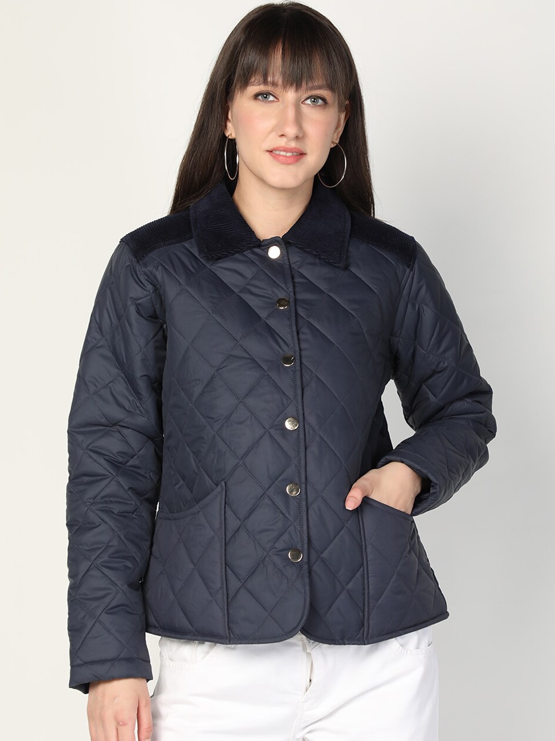 HONNETE Women Blue Geometric Lightweight Crop Outdoor Quilted Jacket Price in India