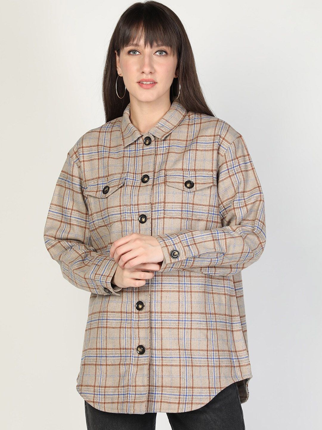 HONNETE Women Beige & Brown Checked Acrylic Longline Shackets Price in India