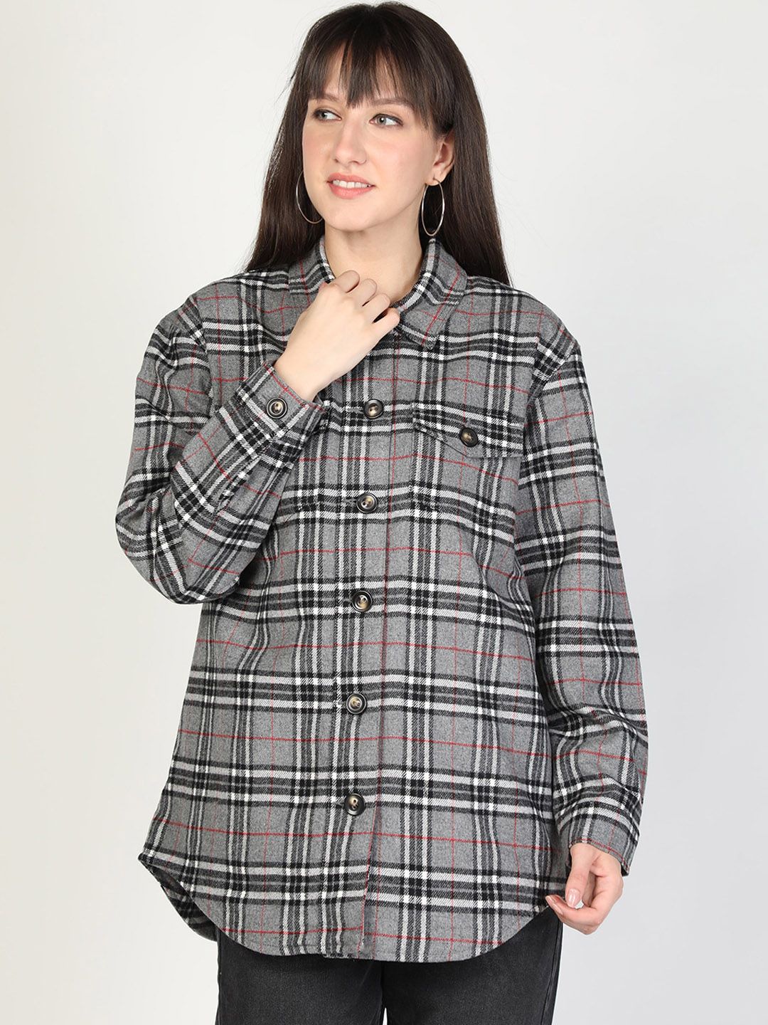 HONNETE Women Grey Checked Acrylic Longline Tailored Jacket Price in India