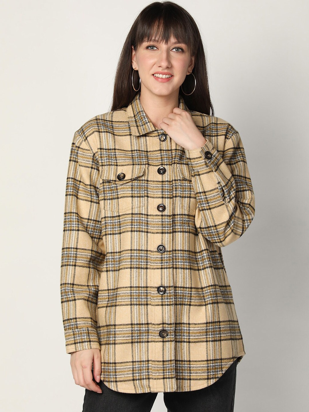 HONNETE Women Beige Black Checked Acrylic Longline Shackets Price in India