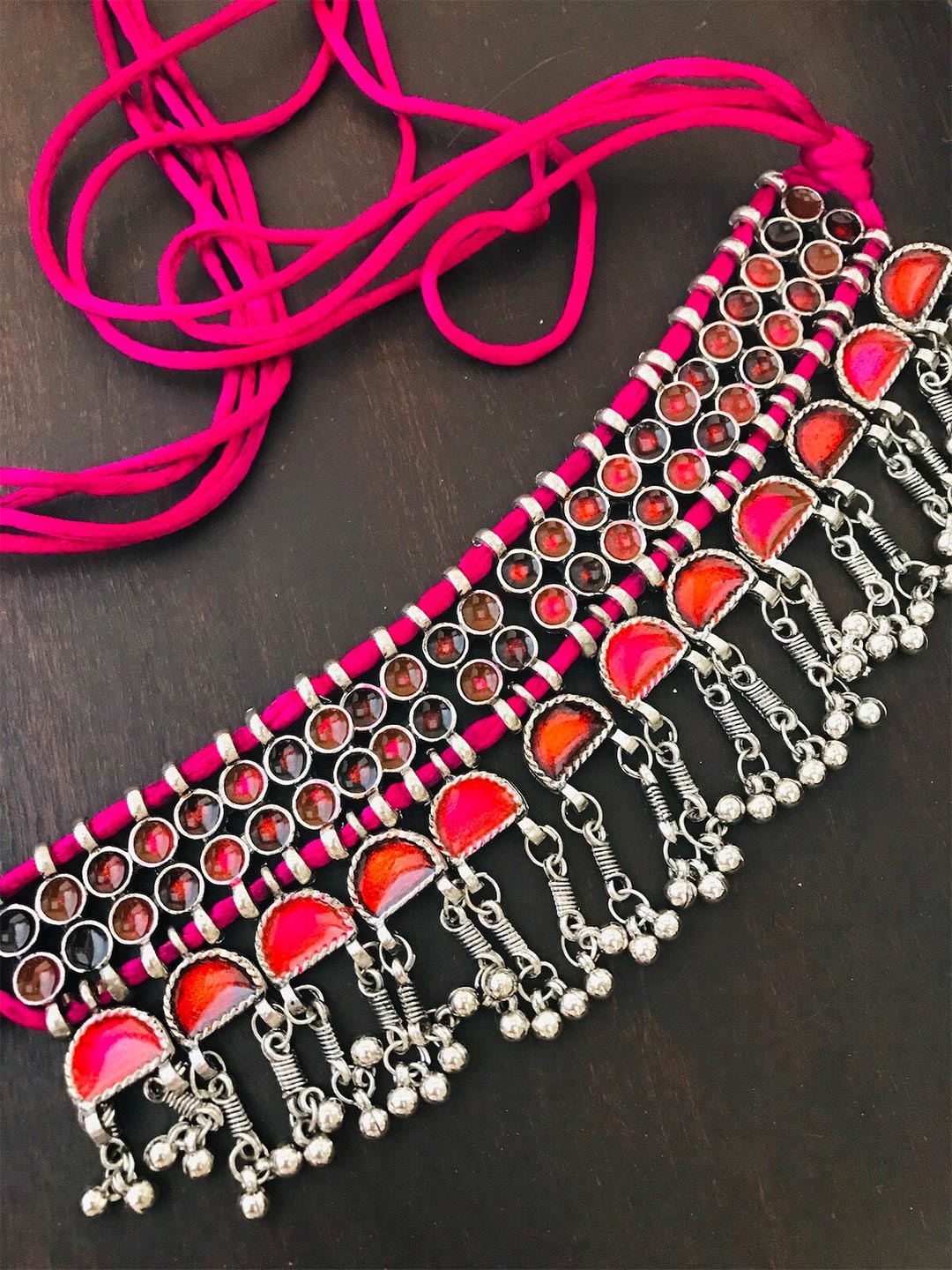 The Opal Factory Silver-Toned & Pink Silver-Plated Oxidised Necklace Price in India