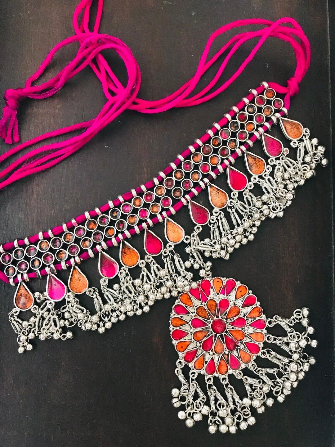 The Opal Factory Silver-Toned & Pink Silver-Plated Oxidised Necklace Price in India