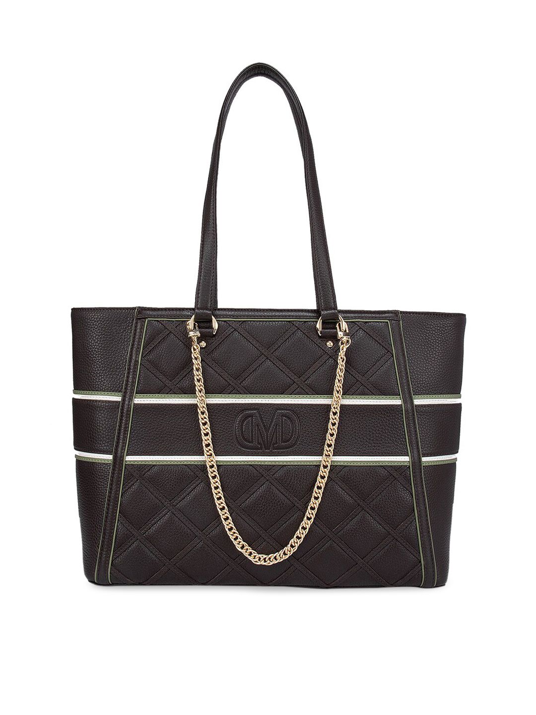 Da Milano Brown Geometric Checked Leather Oversized Shopper Shoulder Bag with Quilted Price in India