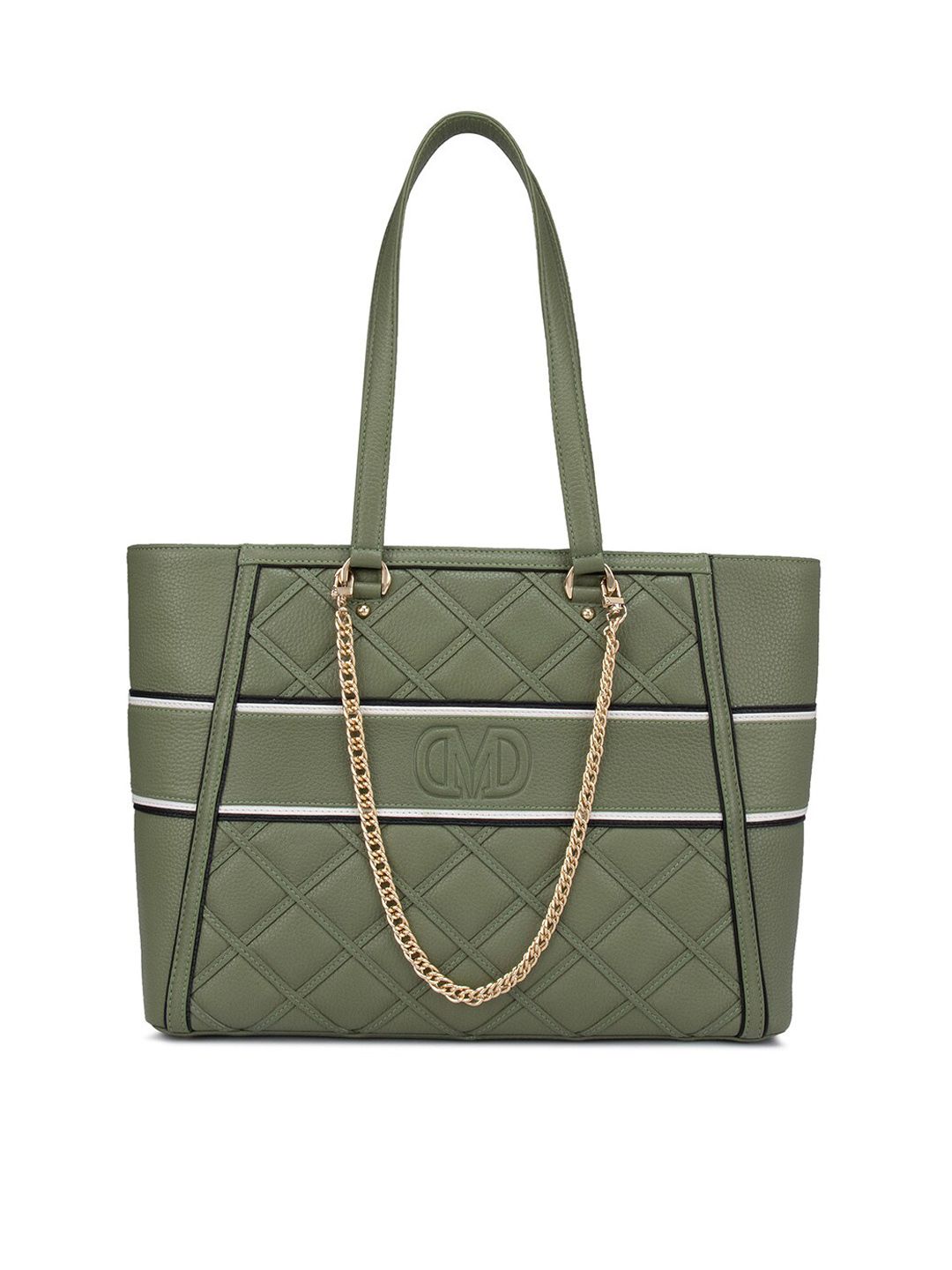 Da Milano Green Geometric Checked Leather Oversized Shopper Shoulder Bag with Quilted Price in India