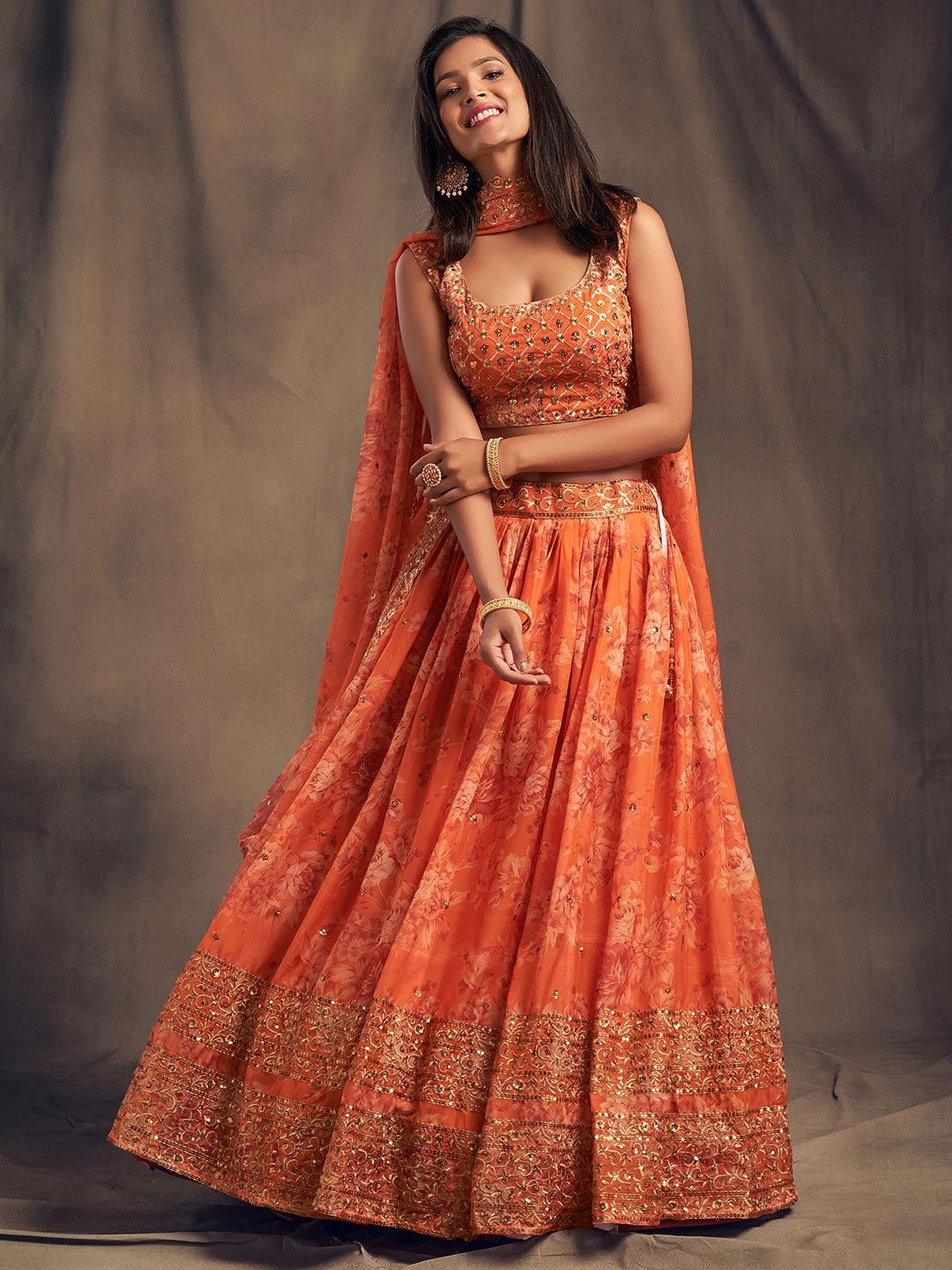 FABPIXEL Orange & Gold-Toned Embroidered Sequinned Shibori Semi-Stitched Lehenga & Unstitched Blouse With Price in India
