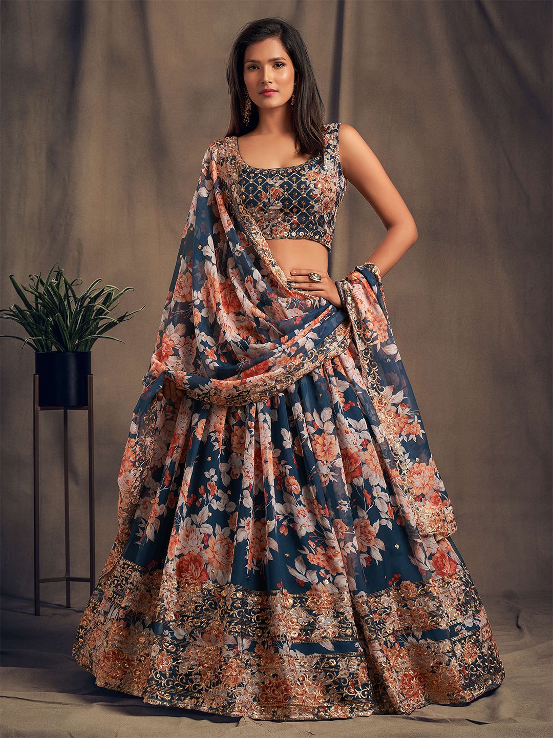 FABPIXEL Blue & Peach-Coloured Embroidered Sequinned Shibori Semi-Stitched Lehenga & Unstitched Blouse With Price in India