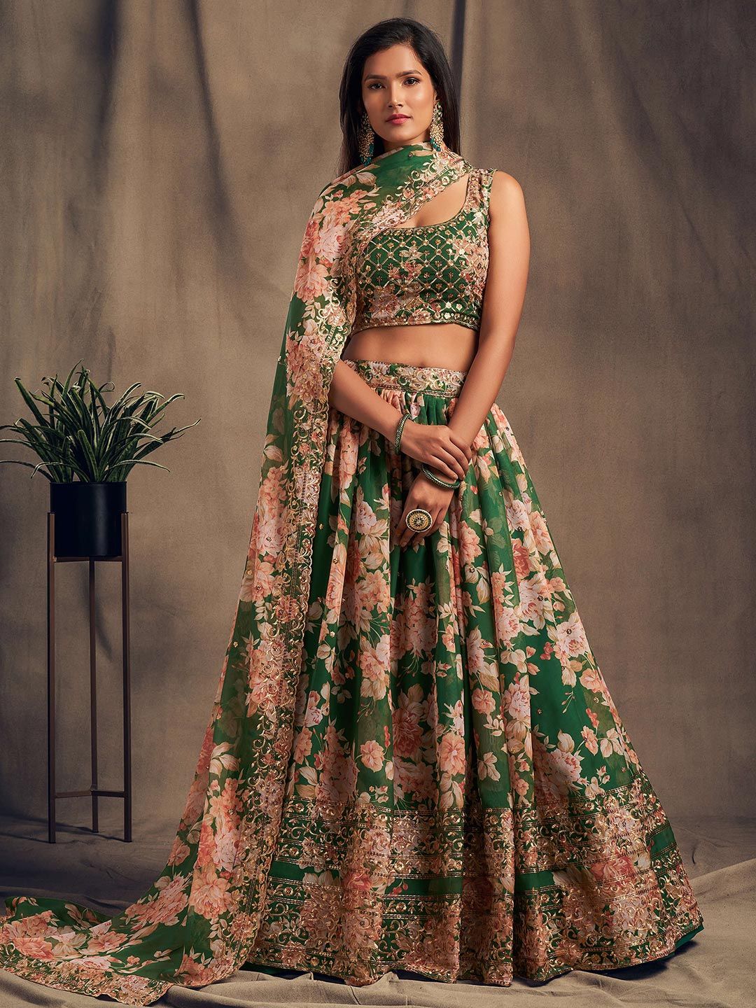 FABPIXEL Green & Pink Embroidered Sequinned Shibori Semi-Stitched Lehenga & Unstitched Blouse With Dupatta Price in India
