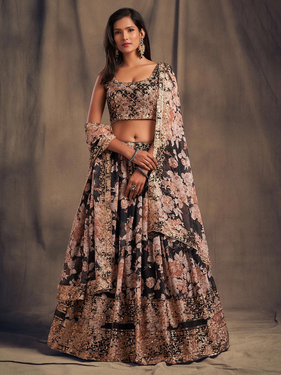 FABPIXEL Black & Peach-Coloured Embroidered Sequinned Shibori Semi-Stitched Lehenga & Unstitched Blouse With Price in India