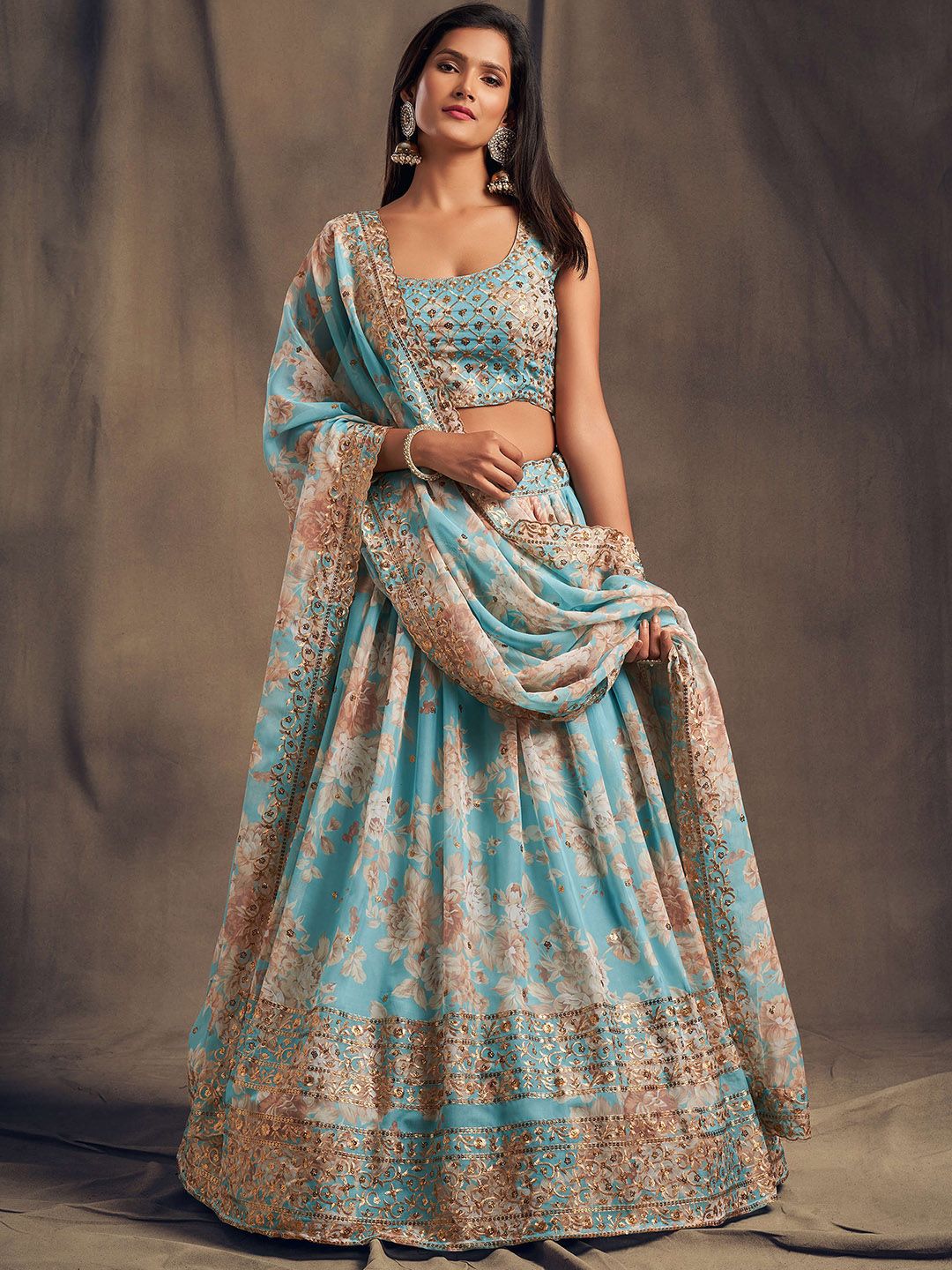 FABPIXEL Blue & Grey Embroidered Sequinned Shibori Semi-Stitched Lehenga & Unstitched Blouse With Dupatta Price in India