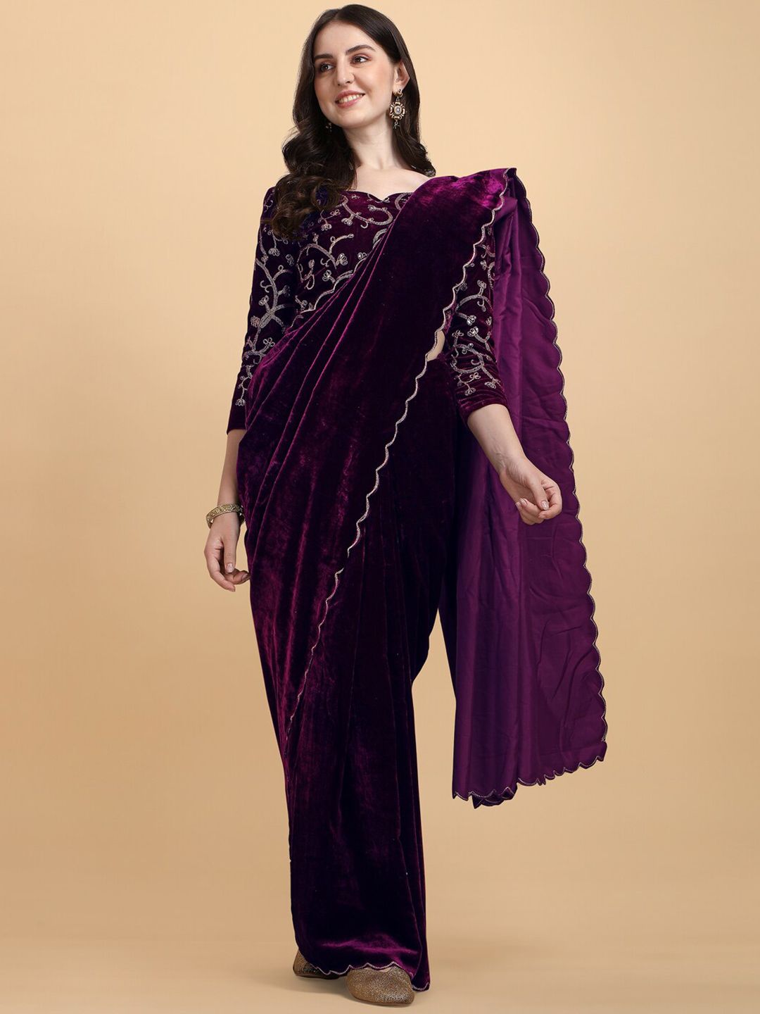 PMD Fashion Purple Embellished Aari Work Velvet Saree Price in India