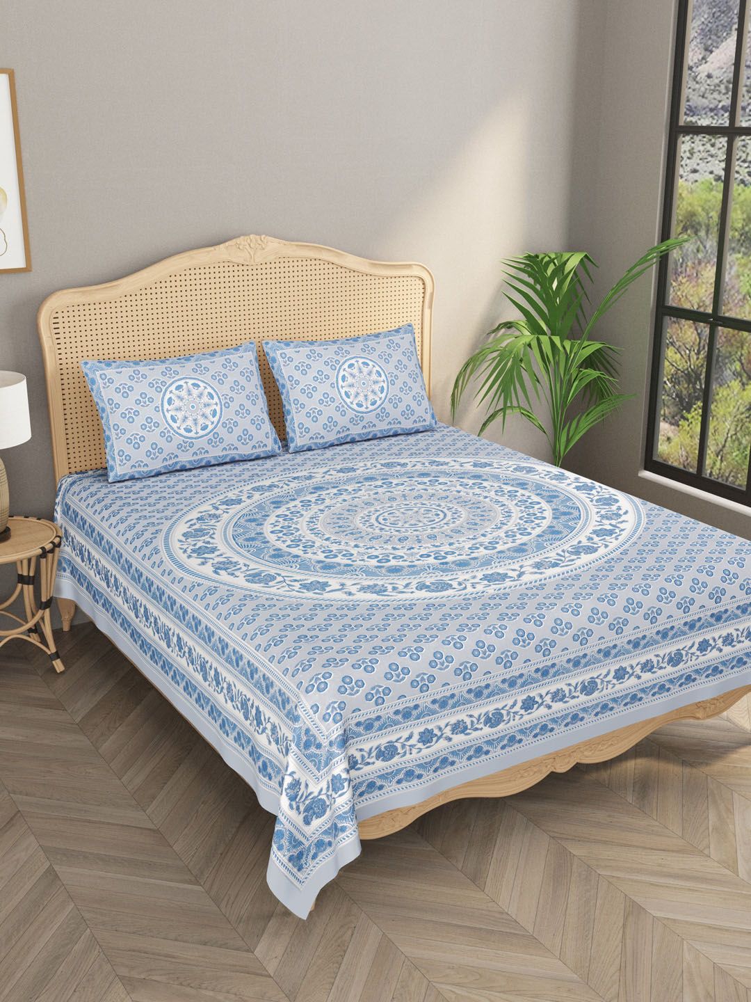 Gulaab Jaipur Blue & White 600 TC Cotton Double King Bedsheet With 2 Pillow Covers Price in India