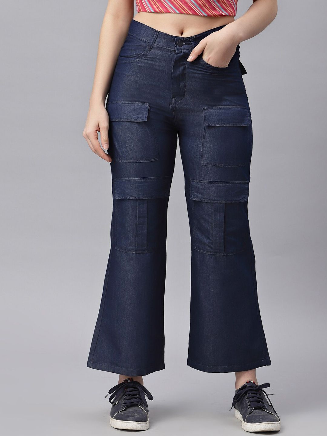 KASSUALLY Women Navy Blue Wide Leg Light Fade Jeans Price in India