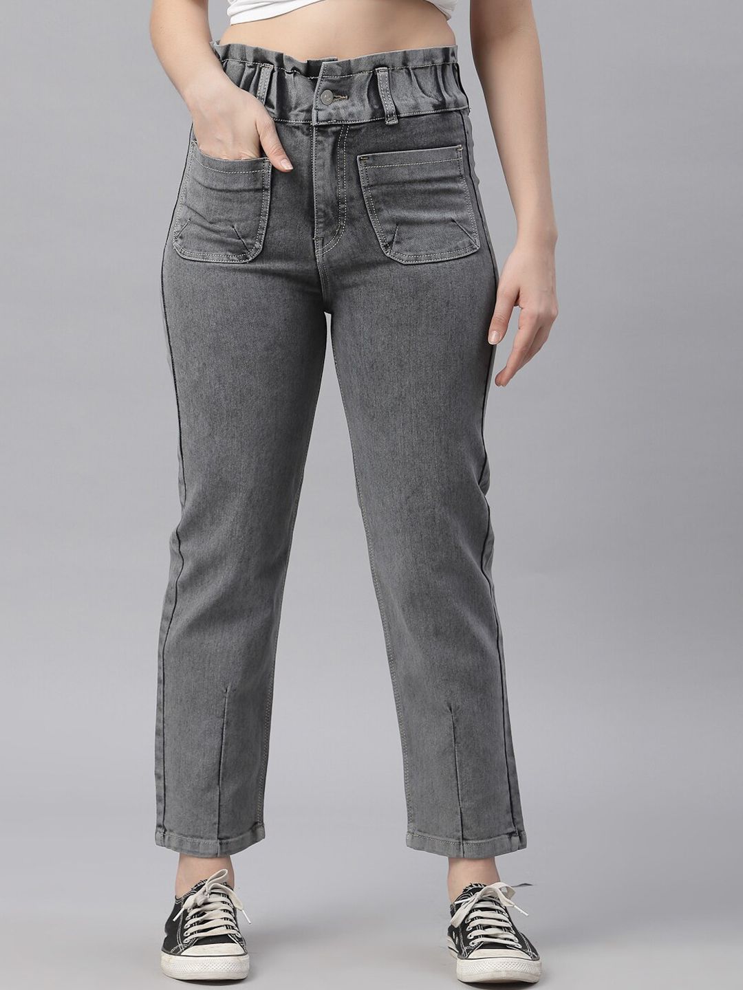 KASSUALLY Women Grey High-Rise Heavy Fade Stretchable Jeans Price in India