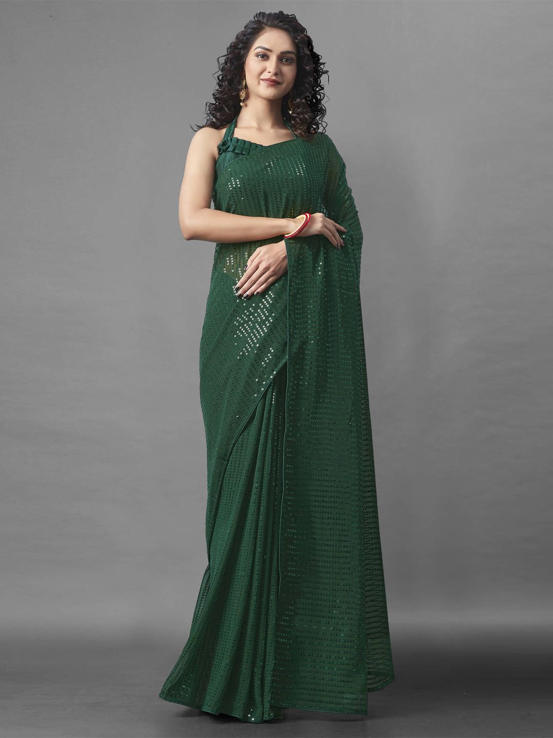 nirja Fab Green Embellished Sequinned Saree Price in India