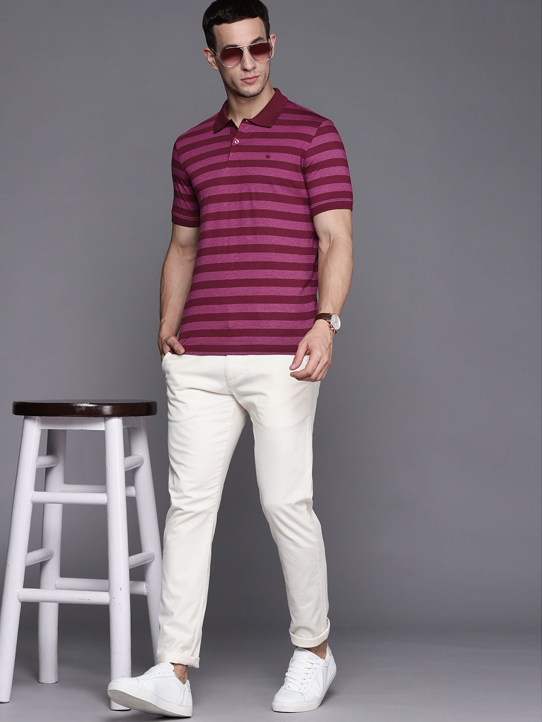 Louis Philippe Men Magenta Striped Polo Collar Pure Cotton T-shirt